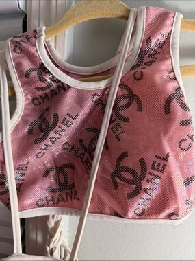Kids CHANEL Pink Sequin Logo Crop Top tutu bikini with White Trim